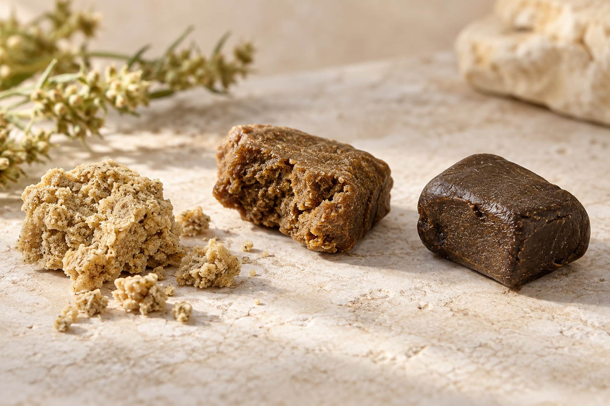 Illustration de trois morceaux de résine aux teintes blonde, caramel et brune, présentant des textures friables et compactes.