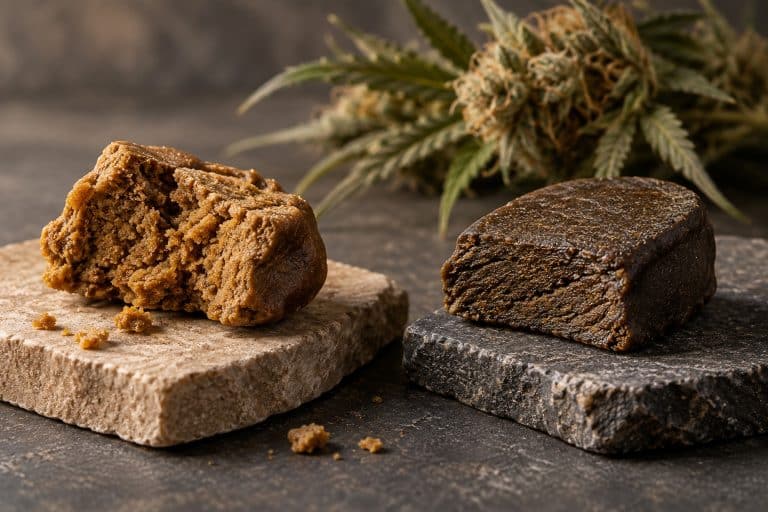 Illustration of two pieces of brown hemp resin on stone supports, with a hemp branch in the background.