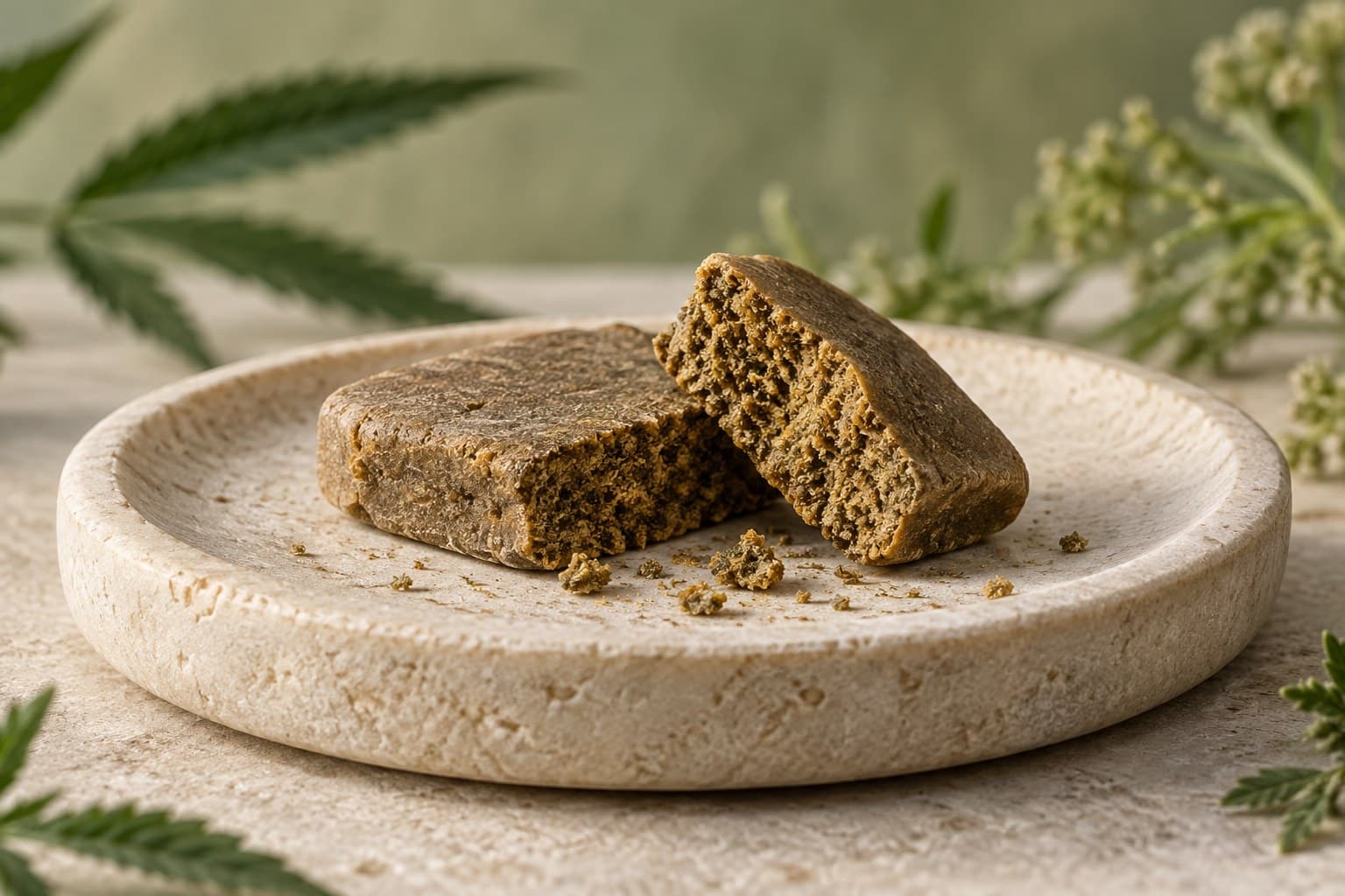 Illustration de morceaux de résine de chanvre aux teintes brunes, avec une texture granuleuse visible sur une surface claire.