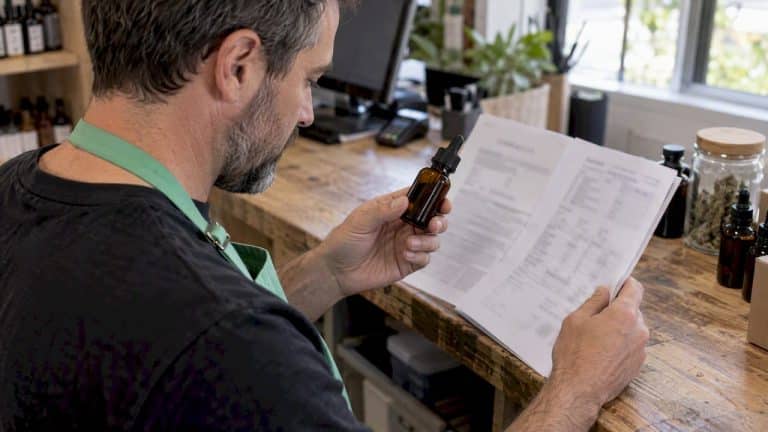 Commerçant contrôlant un lot de CBD et son certificat