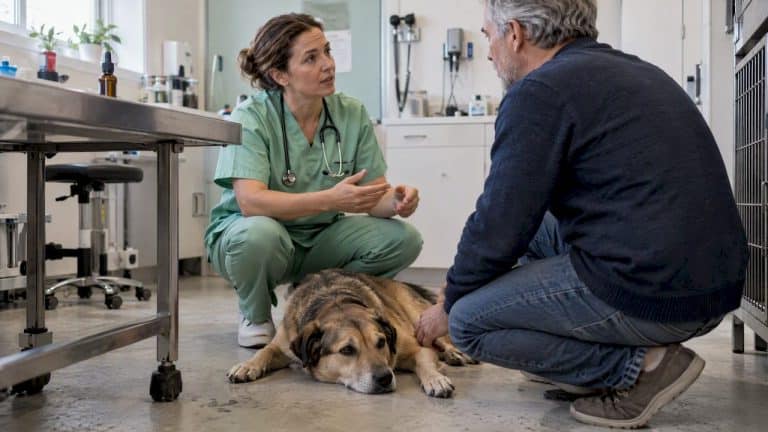 Un vétérinaire discute avec un propriétaire et son chien