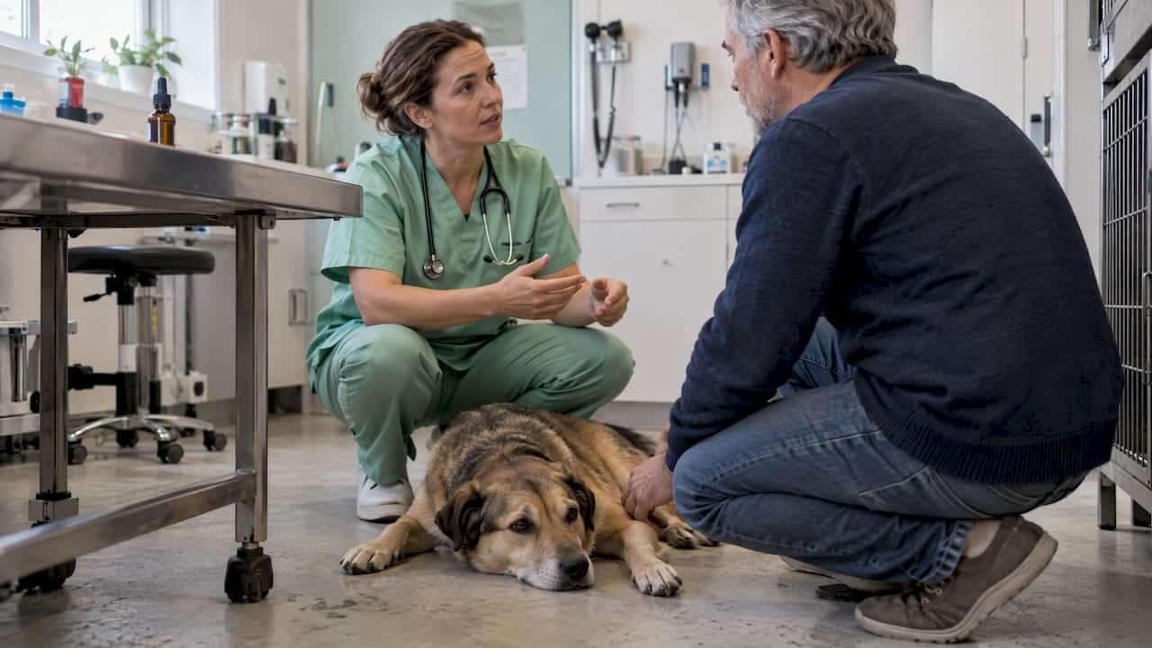 Un vétérinaire discute avec un propriétaire et son chien